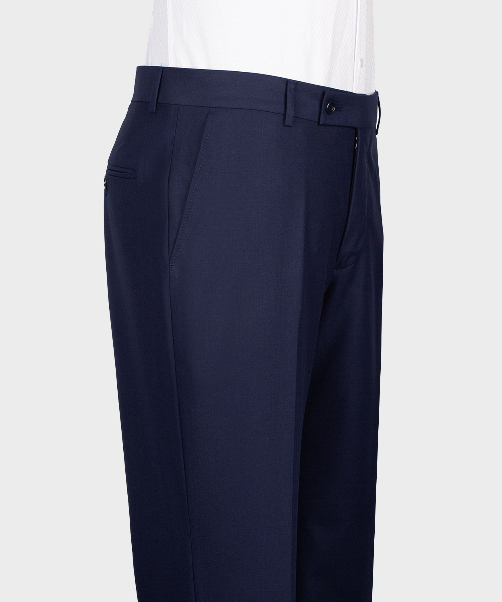 Navy-blue tuxedo trousers with flat front and side pockets