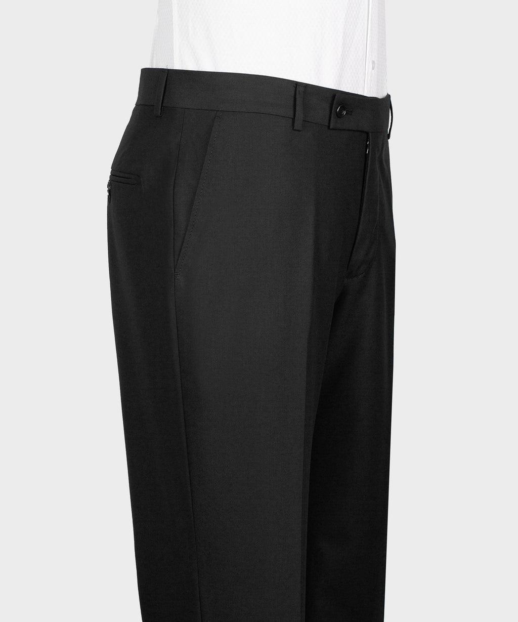 Black tuxedo trousers with belt loops and front pleat-style seams