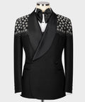 Men's black tuxedo jacket with stone-embellished floral embroidery on shoulders and sleeves