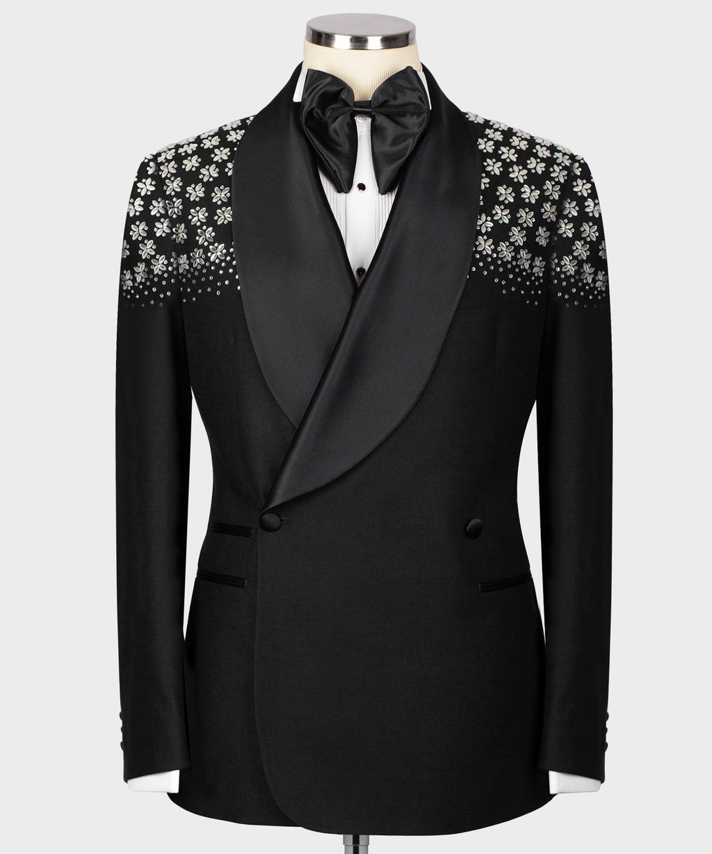Black tuxedo jacket with stone floral embroidery, satin bow tie, satin-trim lapels