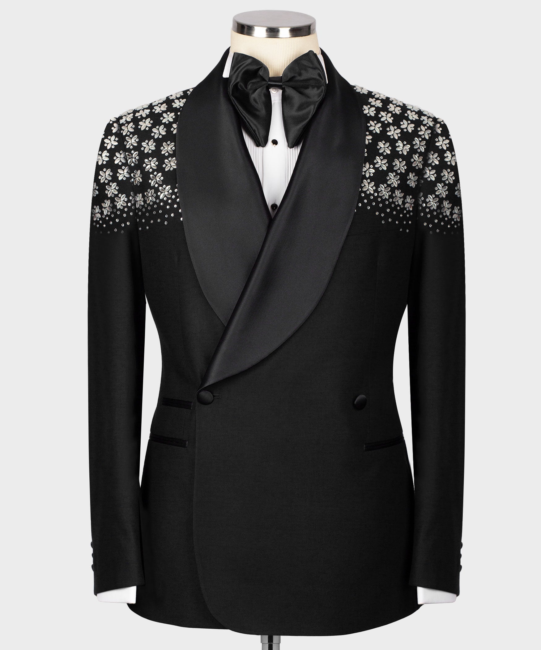 Black tuxedo jacket with stone floral embroidery, satin bow tie, satin-trim lapels