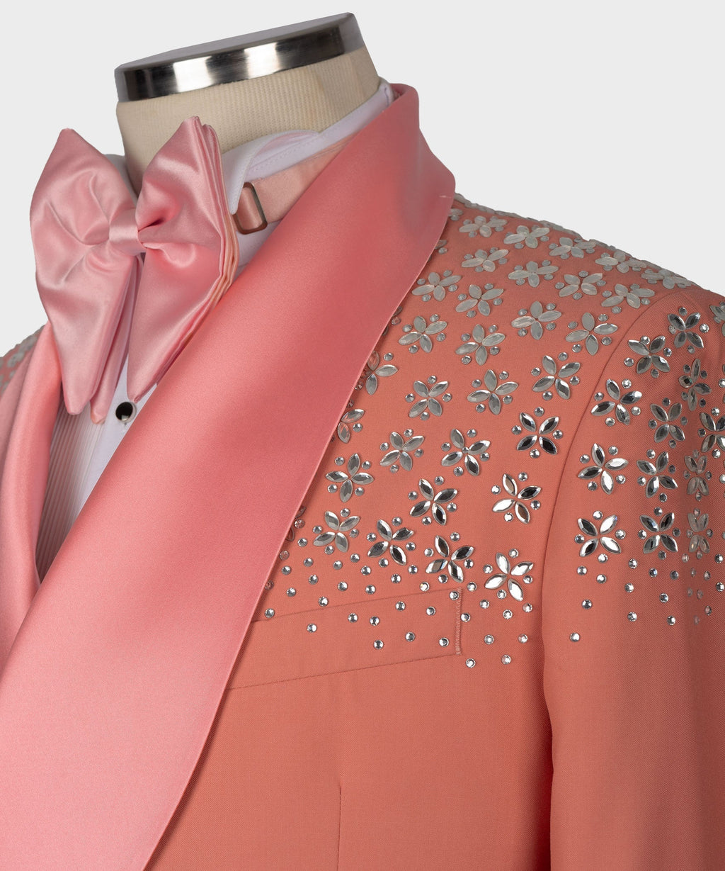Dark pink satin bow and lapel with rhinestone floral embroidery on shoulder