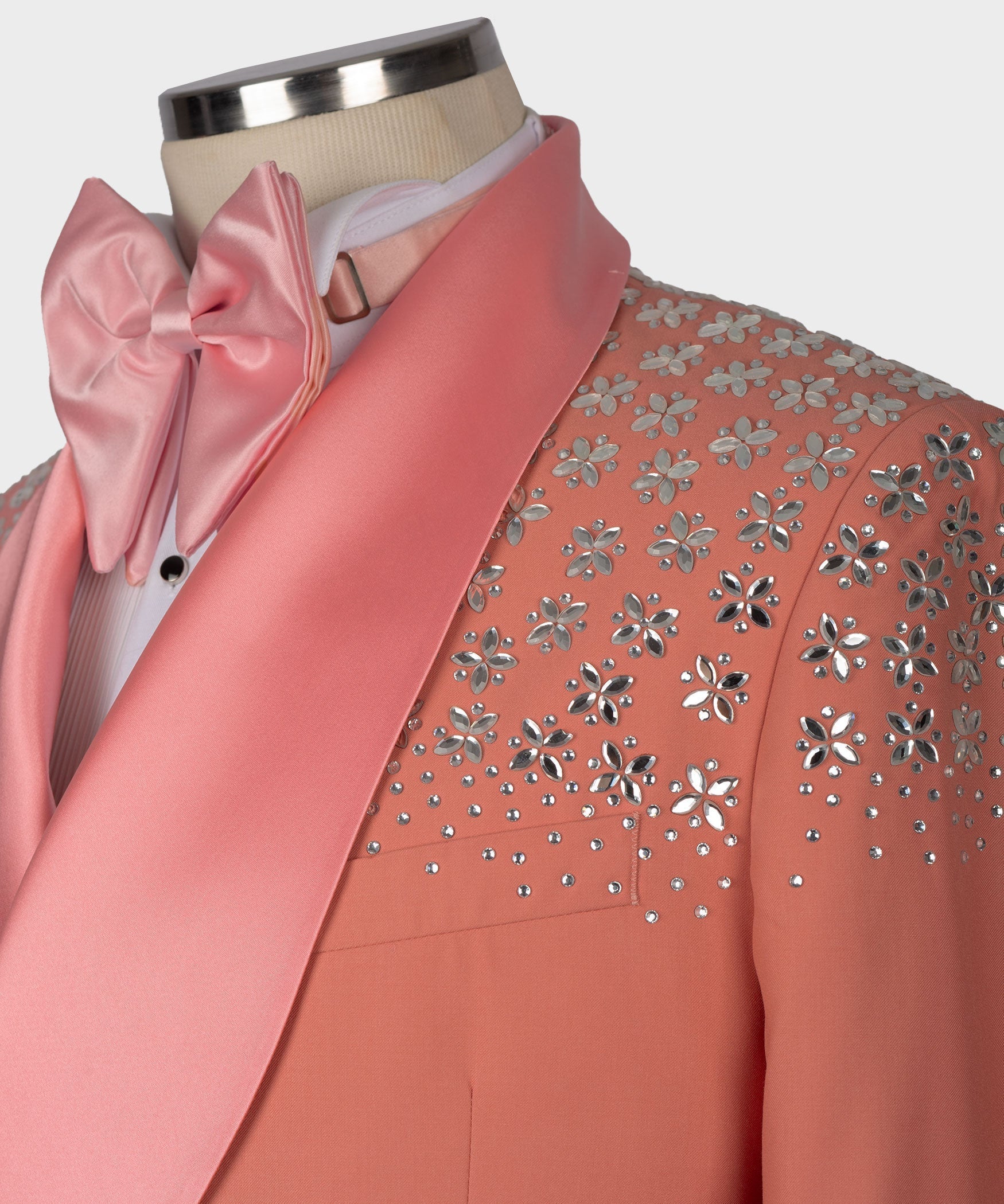 Dark pink satin bow and lapel with rhinestone floral embroidery on shoulder