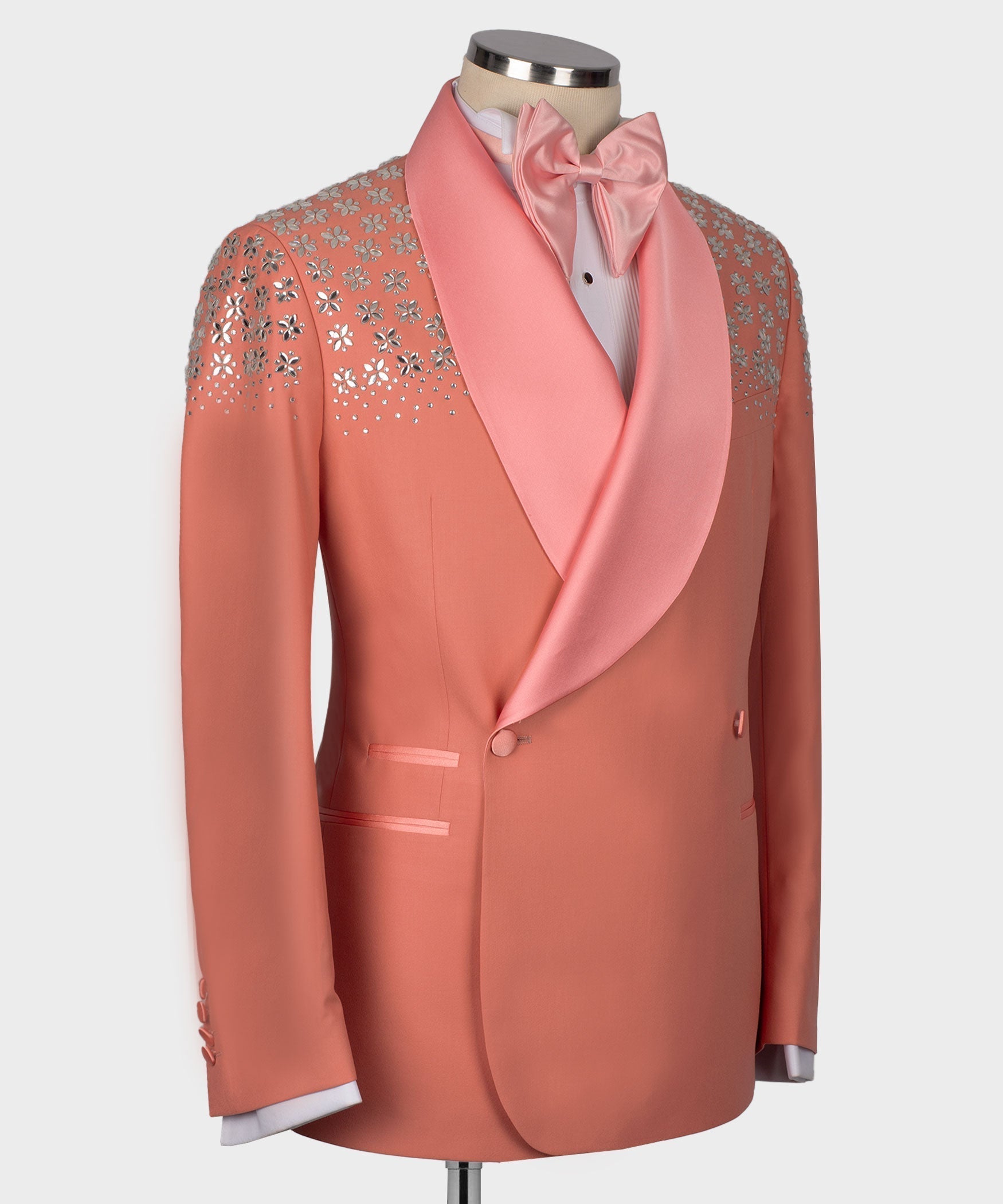 Dark pink tuxedo jacket, rhinestone floral panel on shoulder, satin bow tie