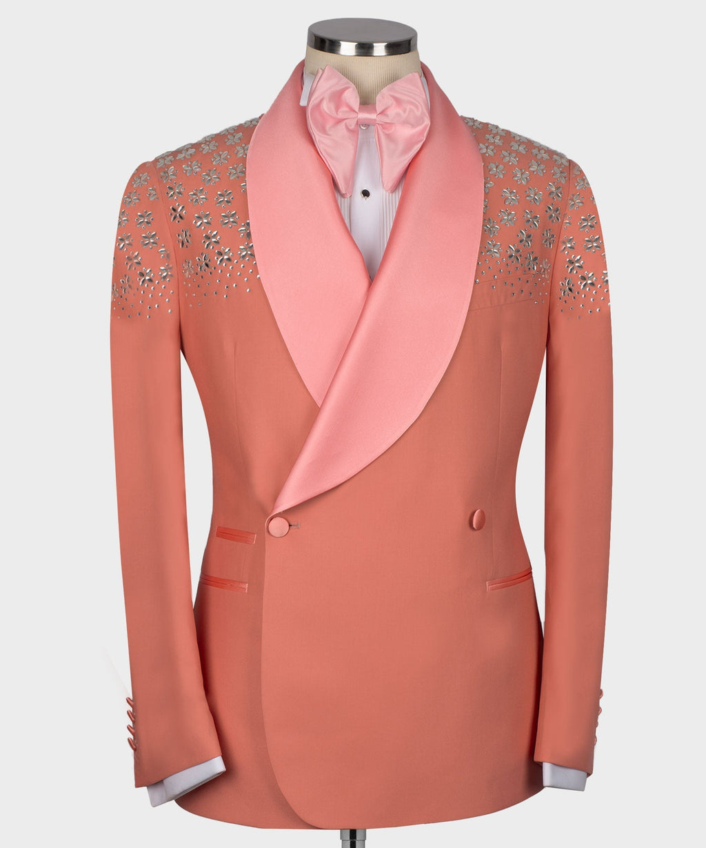Dark pink tuxedo jacket with satin bow tie, rhinestone floral shoulder trim