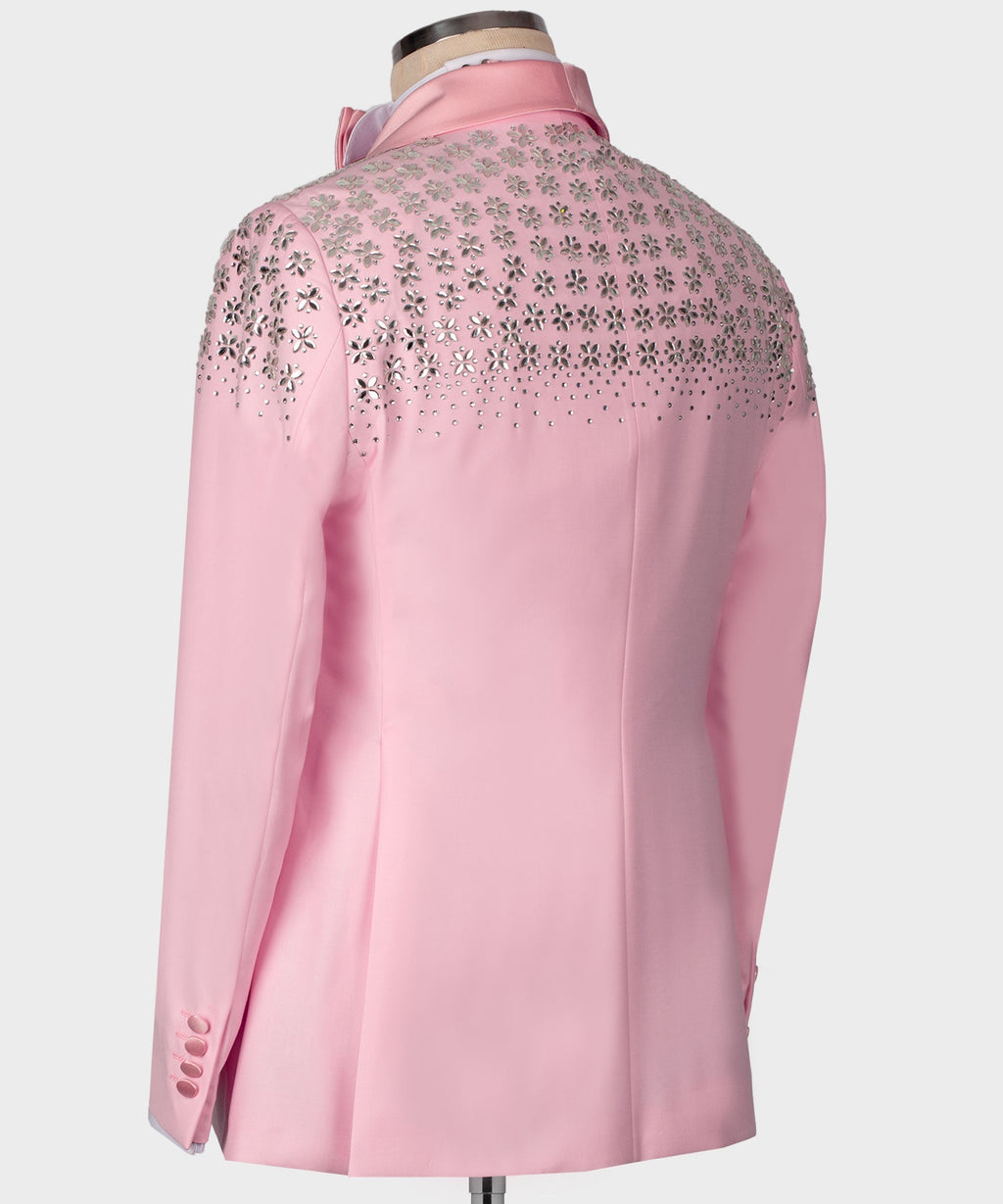 Pink satin tuxedo jacket back with detailed stone embroidery across shoulders