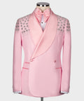 Pink satin tuxedo jacket with bow tie; stone-embroidered shoulders and lapels