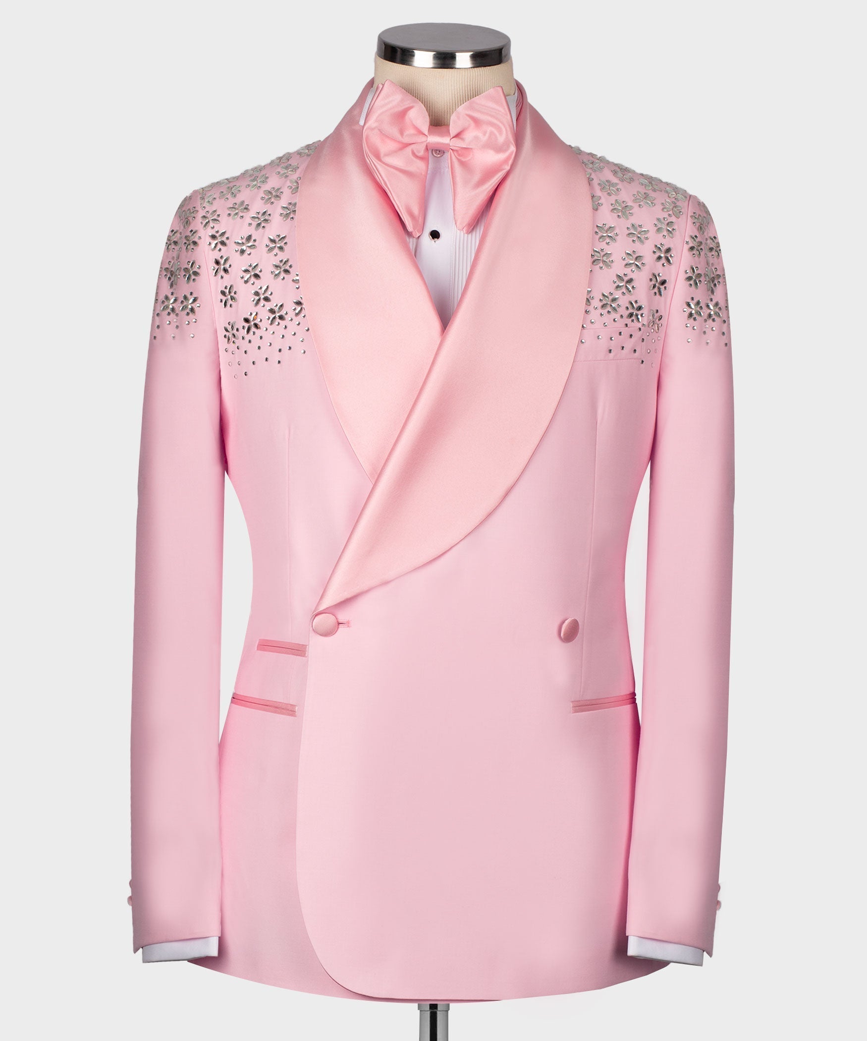 Pink satin tuxedo jacket with bow tie; stone-embroidered shoulders and lapels
