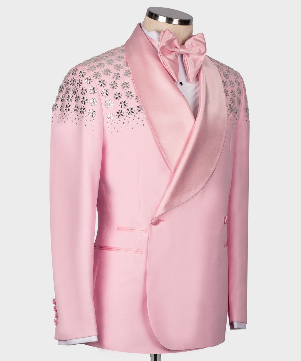 Pink satin tuxedo jacket back with stone-embroidered shoulder panels