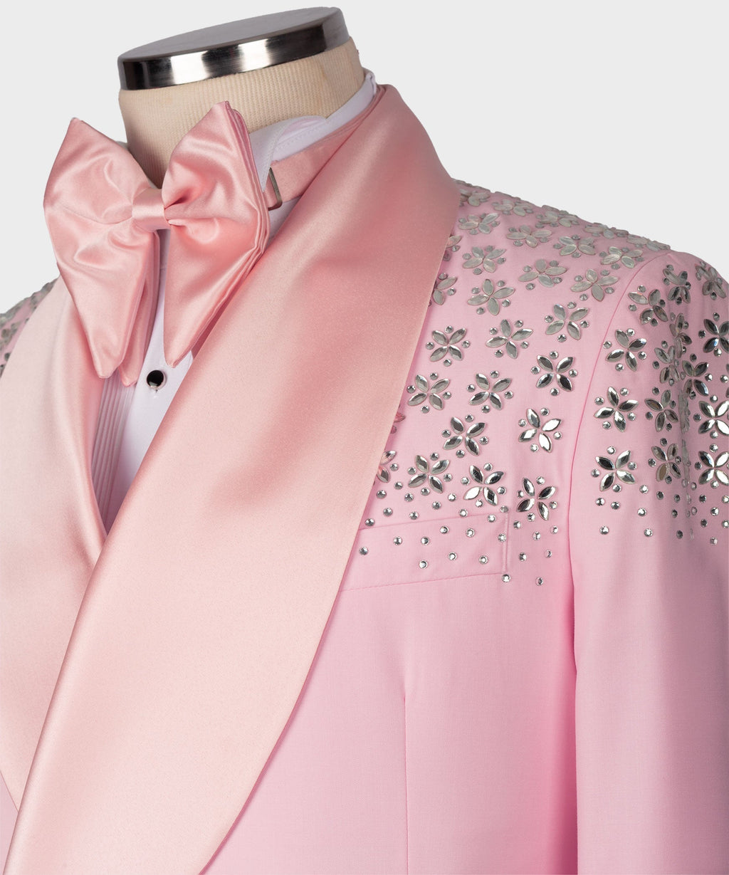 Pink satin tuxedo lapel with bow tie and stone embroidery on shoulder panel
