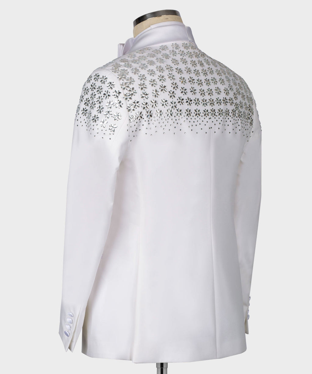 White tuxedo jacket back with rhinestone floral shoulder panel