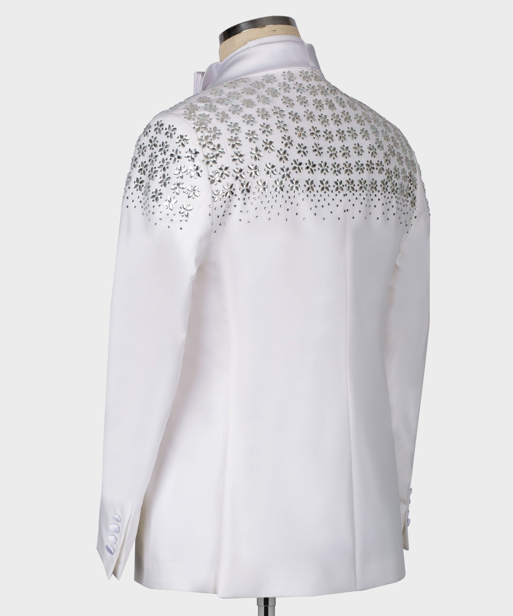 White tuxedo jacket back with rhinestone floral shoulder panel