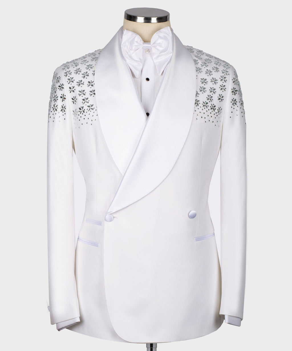 White tuxedo jacket with rhinestone floral shoulder detailing and satin shawl lapel