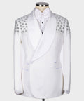 White tuxedo jacket with rhinestone floral shoulder detailing and satin shawl lapel