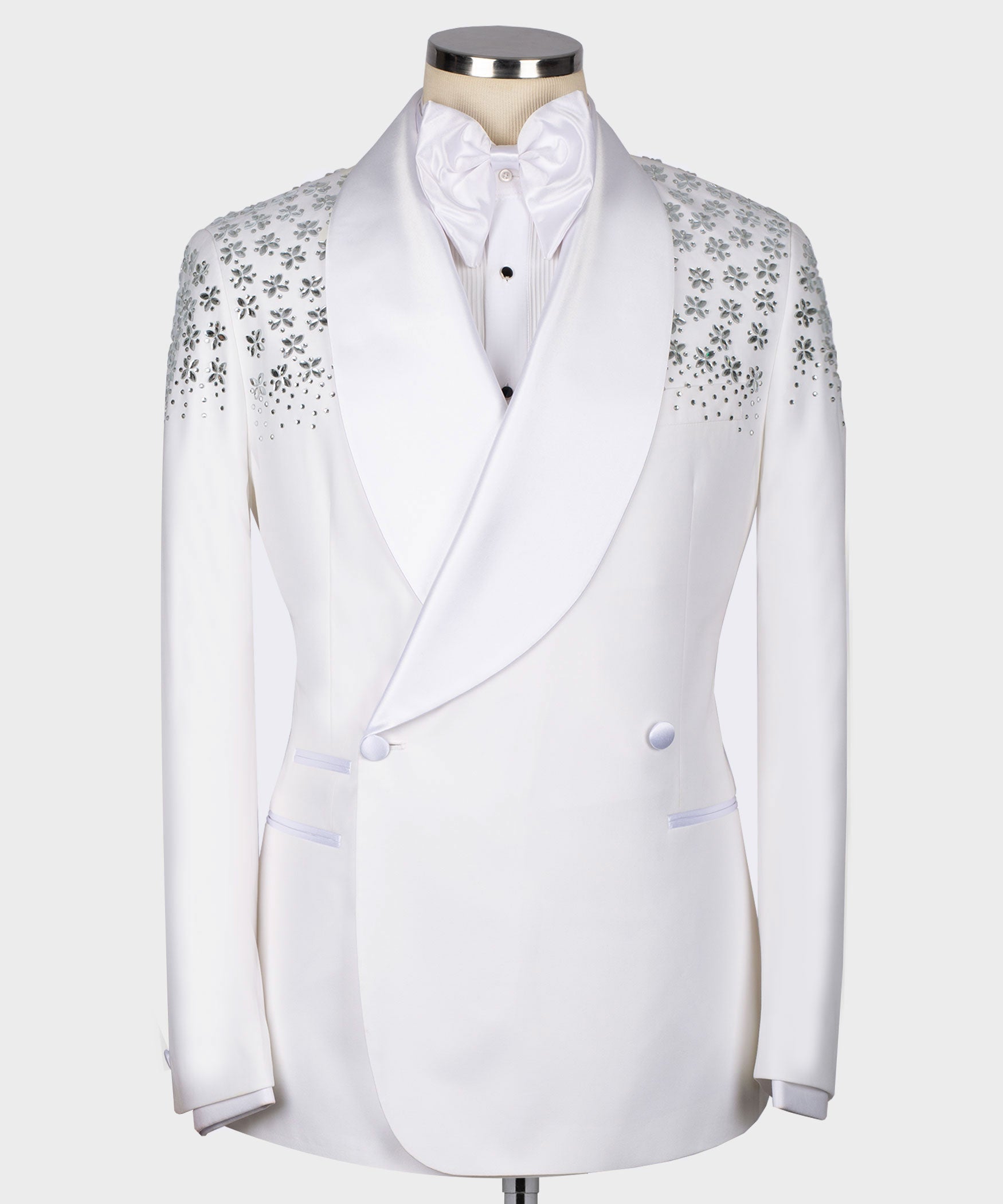 White tuxedo jacket with rhinestone floral shoulder detailing and satin shawl lapel