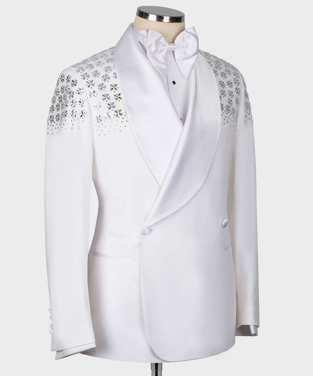 White tuxedo jacket with satin shawl lapel, front buttons, and rhinestone shoulder pattern