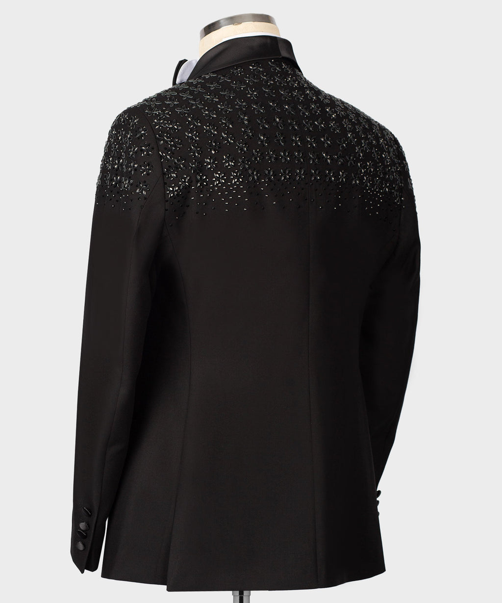 Black tuxedo coat back with allover stone-embroidered texture