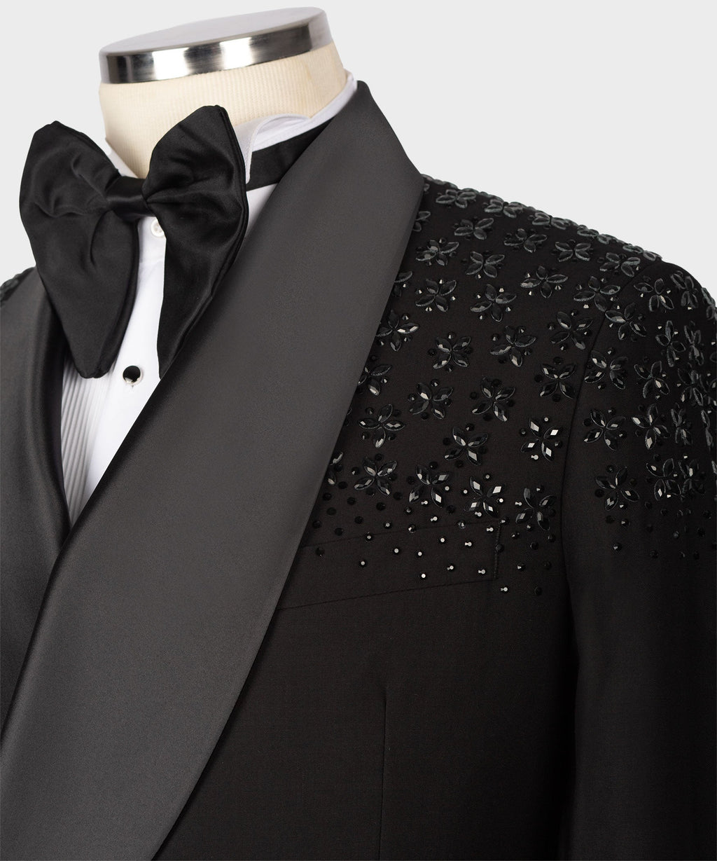 Black satin tuxedo lapel with stone embroidery and large bow tie