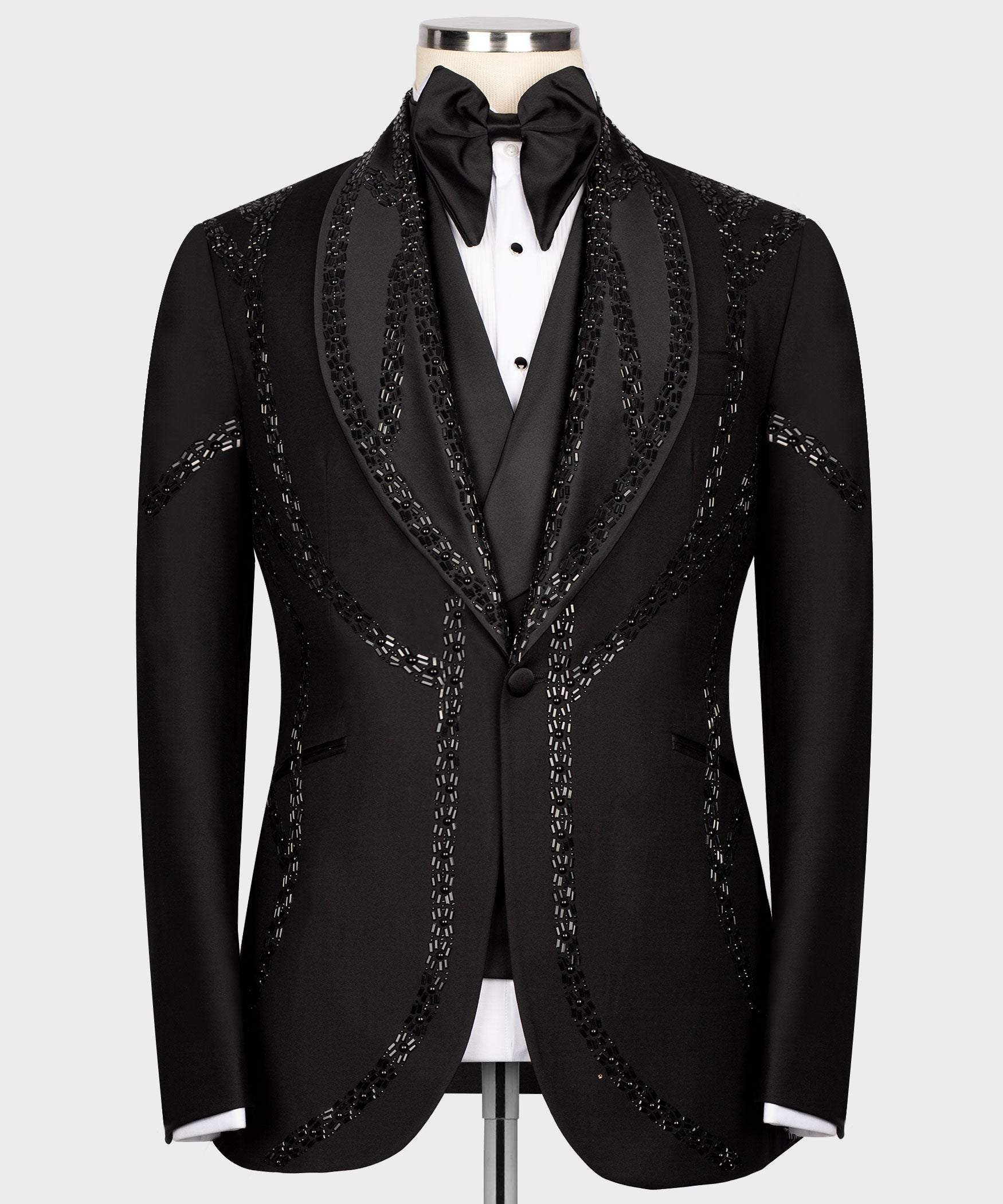 Black tuxedo suit jacket with black embroidered beaded trim and satin bow tie
