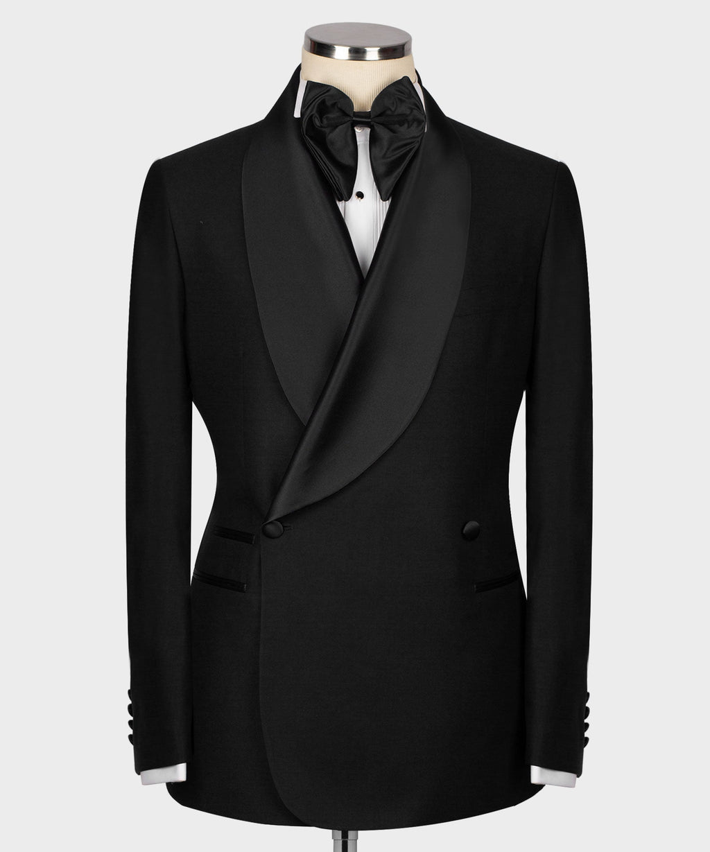 Black tuxedo blazer with satin shawl lapel and bow tie, 2-piece formal suit set