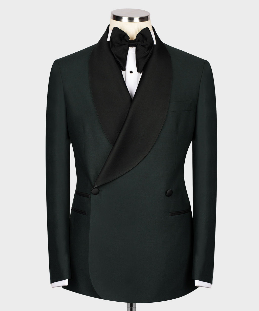 Green tuxedo jacket with black satin shawl lapels and bow tie, front view