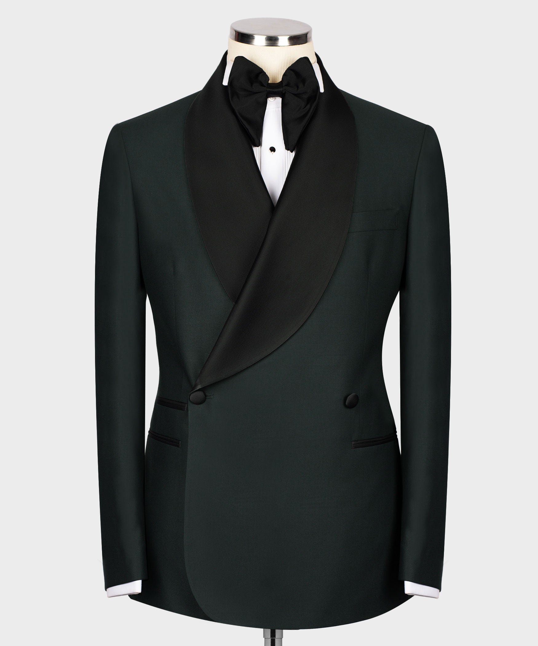 Green tuxedo jacket with black satin shawl lapels and bow tie, front view