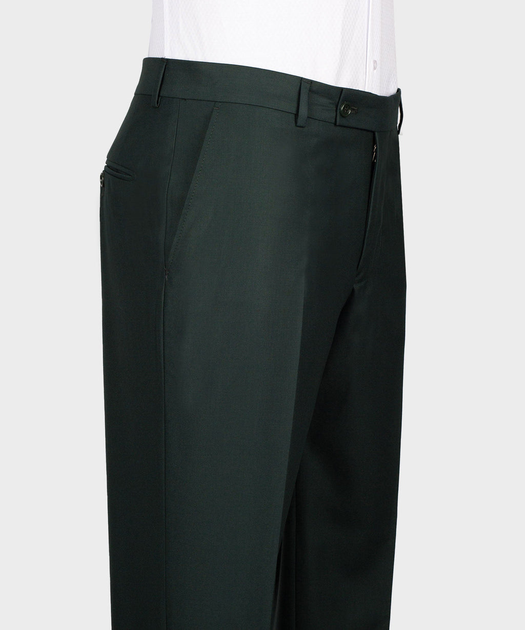 Green tuxedo trousers with belt loops and zip fly, flat-front side view