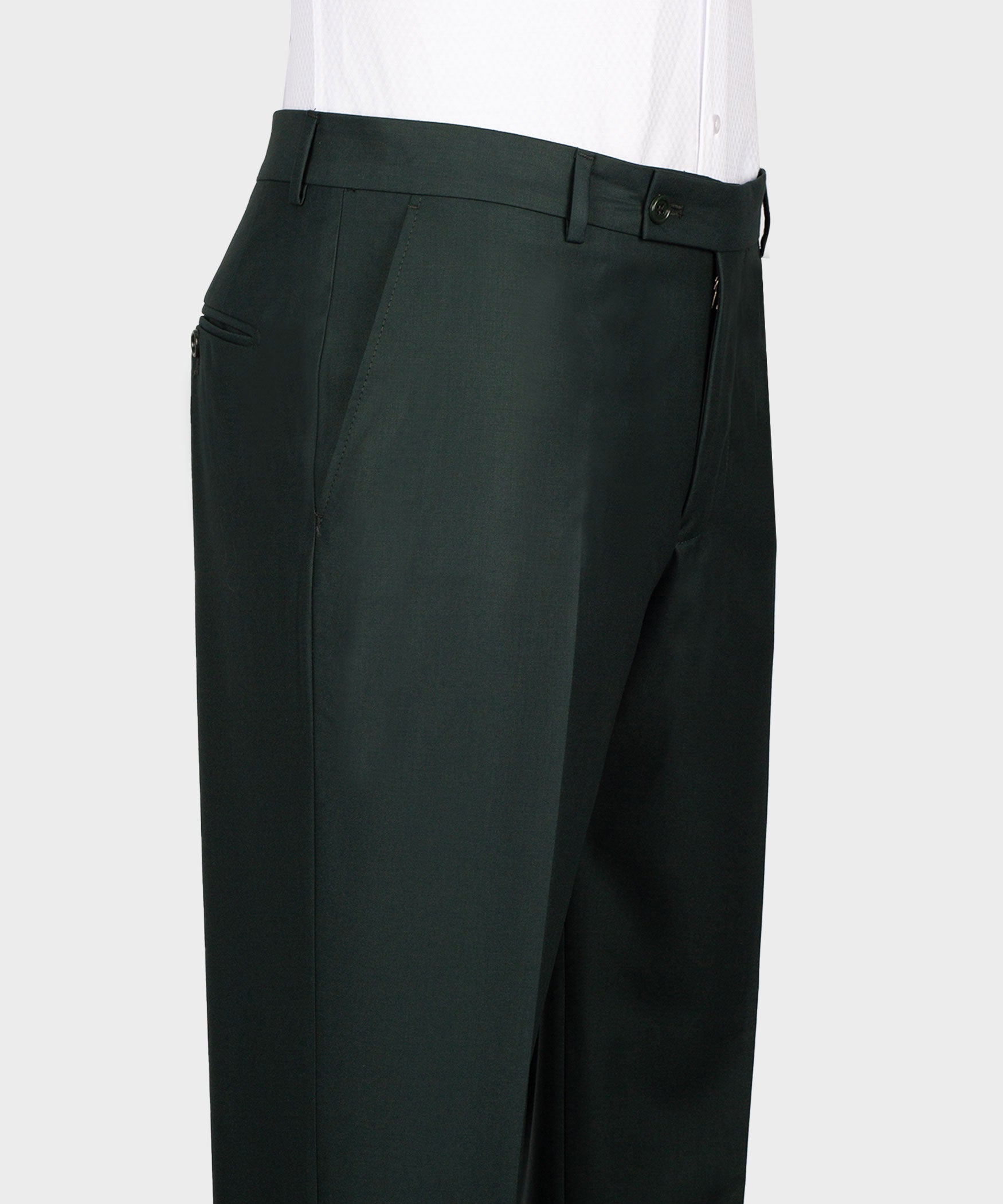 Green tuxedo trousers with belt loops and zip fly, flat-front side view
