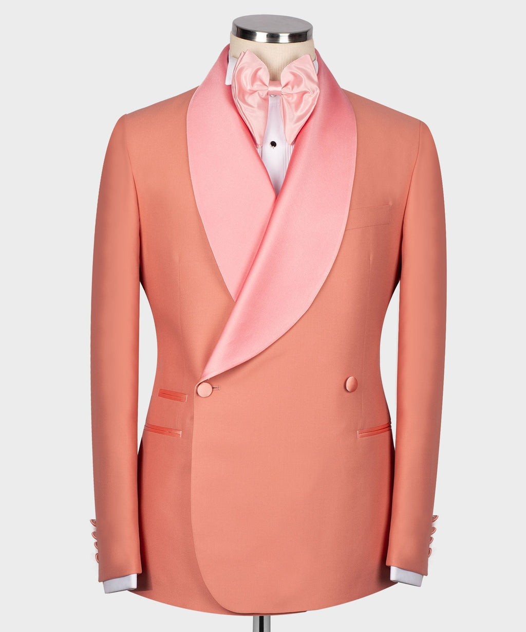 Dark pink tuxedo jacket with satin pink shawl collar and button front