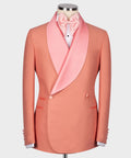 Dark pink tuxedo jacket with satin pink shawl collar and button front