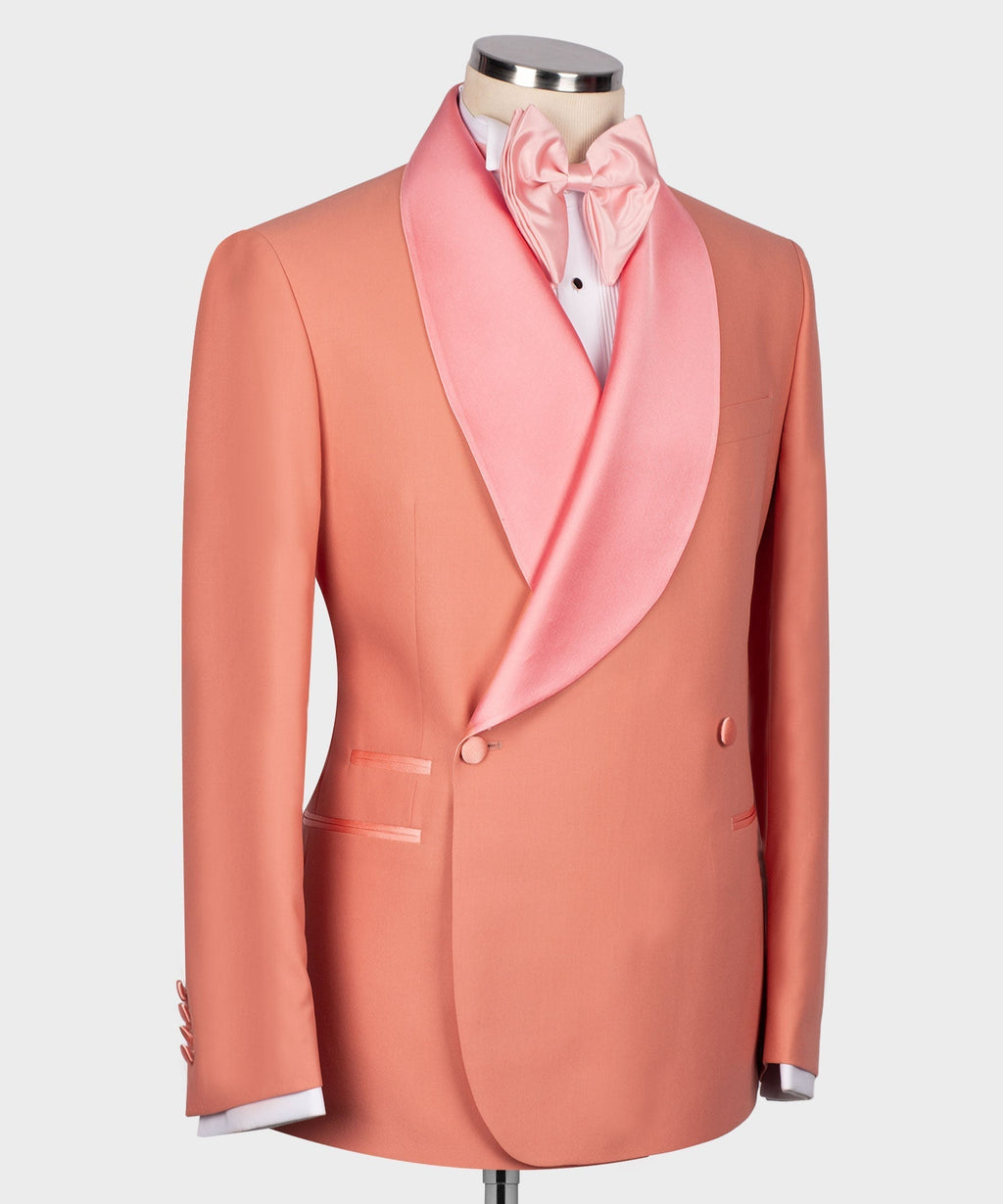 Dark pink tuxedo jacket front view, satin pink lapel with matching bow tie
