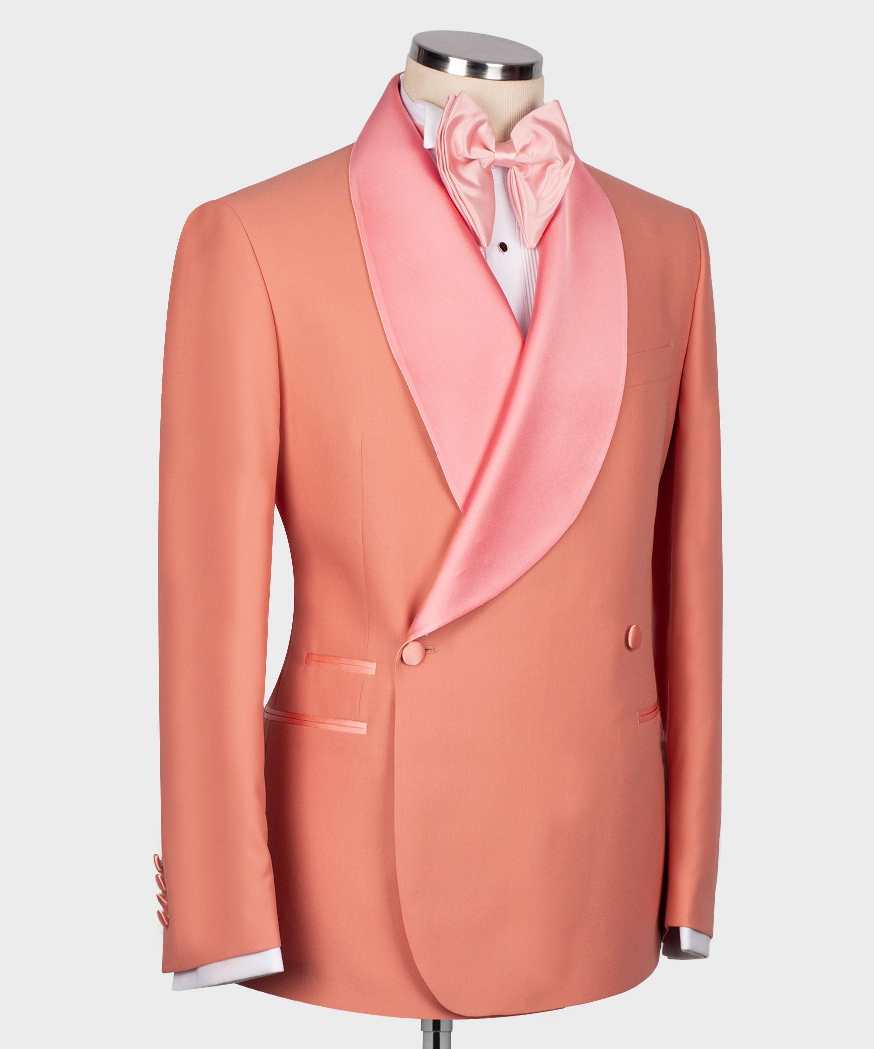 Dark pink tuxedo jacket front view, satin pink lapel with matching bow tie