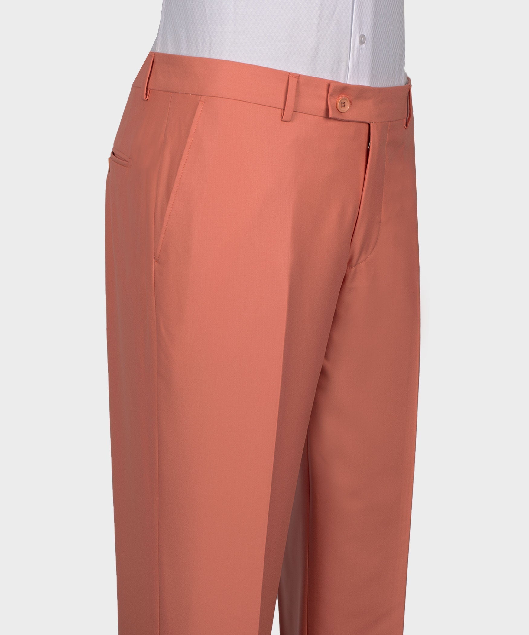 Dark pink tuxedo trousers with belt loops and pleated front, side pocket