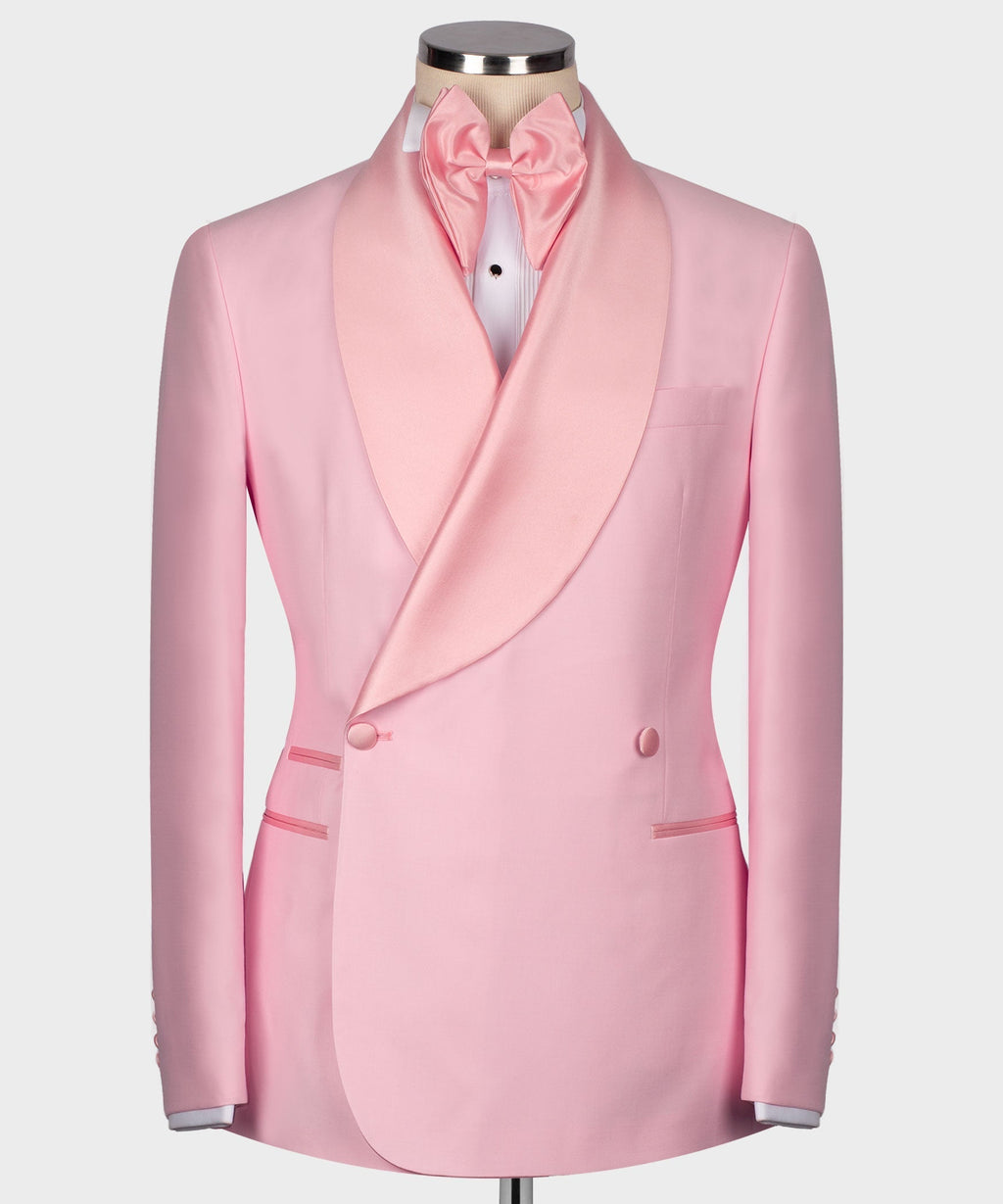 Pink tuxedo jacket with satin contrast bow collar, satin lapels and front buttons