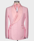 Pink tuxedo jacket with satin contrast bow collar, satin lapels and front buttons