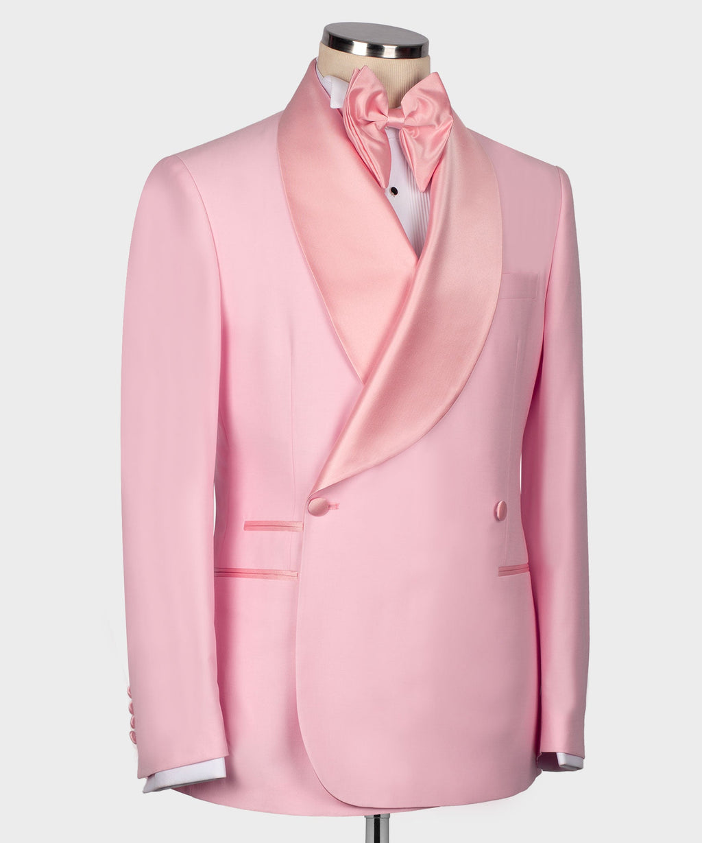 Pink tuxedo jacket view, satin bow tie collar and welt pockets with button details