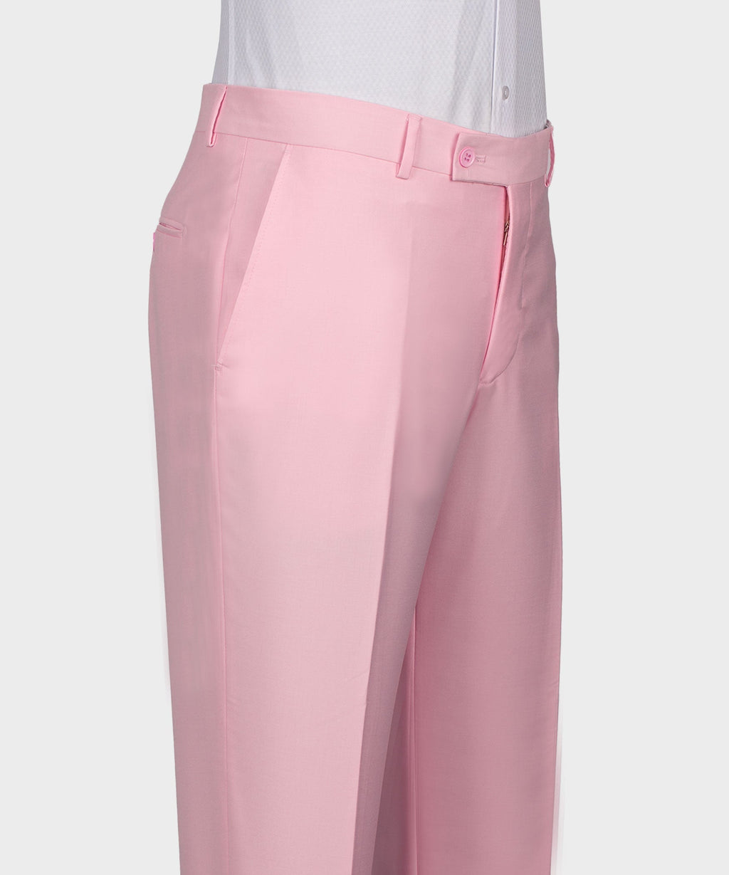 Pink tuxedo trousers with belt loops, front button tab, and crease details