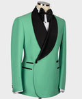 Green tuxedo jacket with black satin shawl lapel and black bow tie front