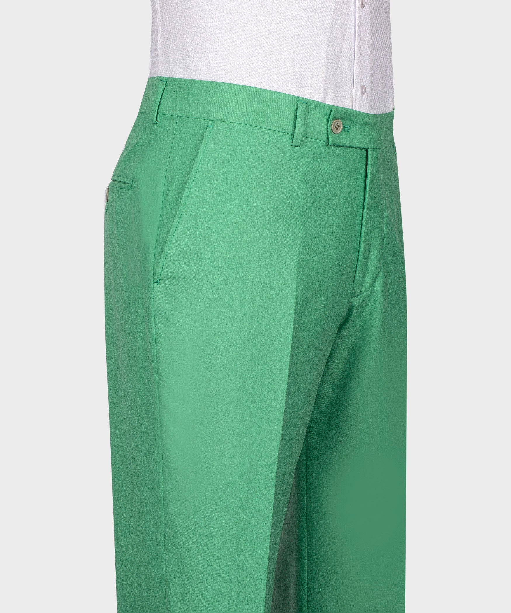 Green formal tuxedo trousers with front pleats, belt loops, and side pockets