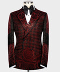 Black tuxedo jacket with red embroidered grid and swirl detailing, satin bow tie.
