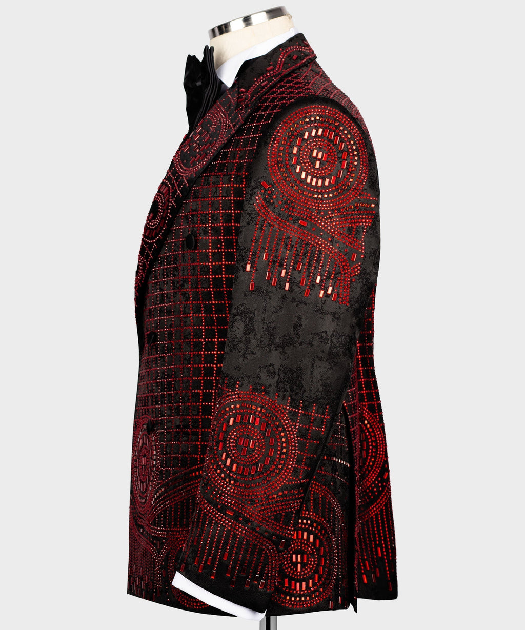 Side view black tuxedo jacket with red embroidered shoulder detail and tassel trim.