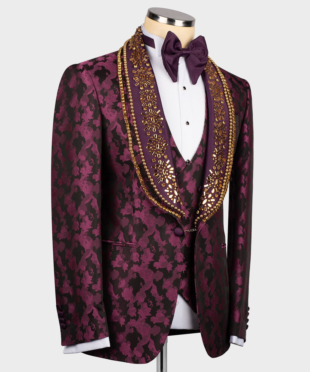 Burgundy patterned tuxedo vest and jacket with gold stonework trim, dark bow tie