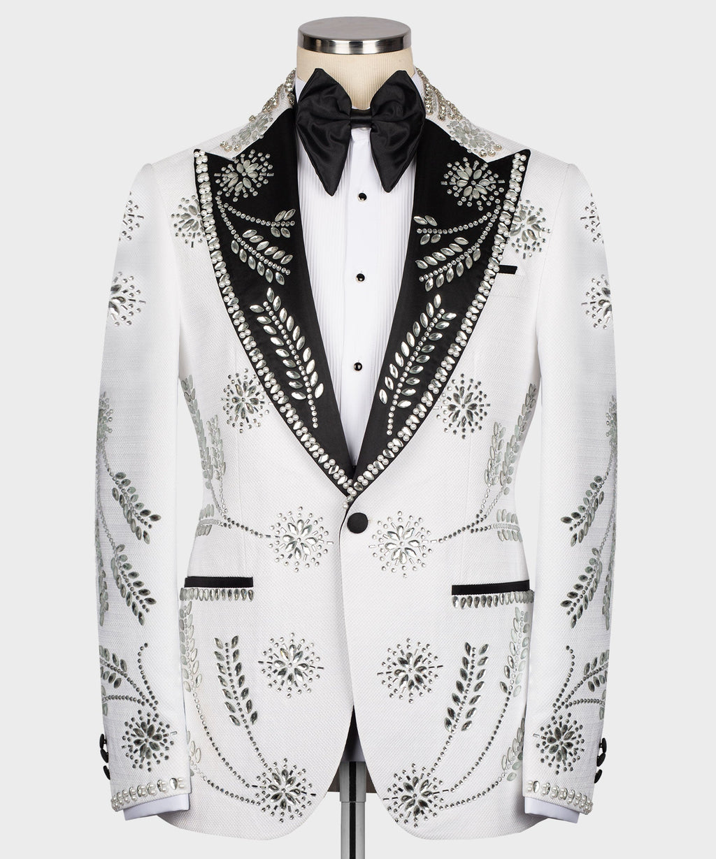 White tuxedo jacket with black satin lapels, bow tie, and rhinestone trim front
