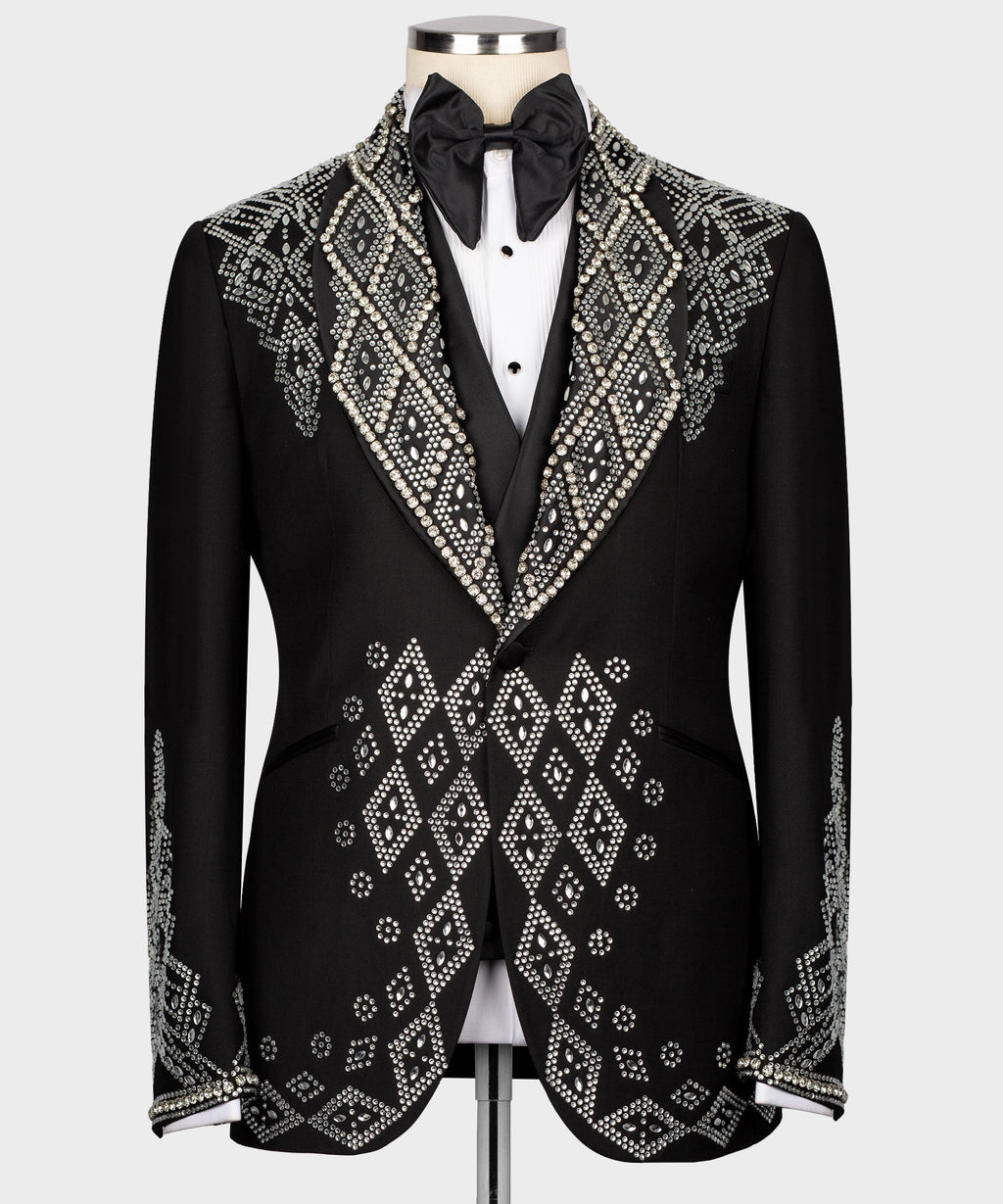 Black tuxedo jacket with rhinestone-embroidered lapels and diamond motif, bow tie