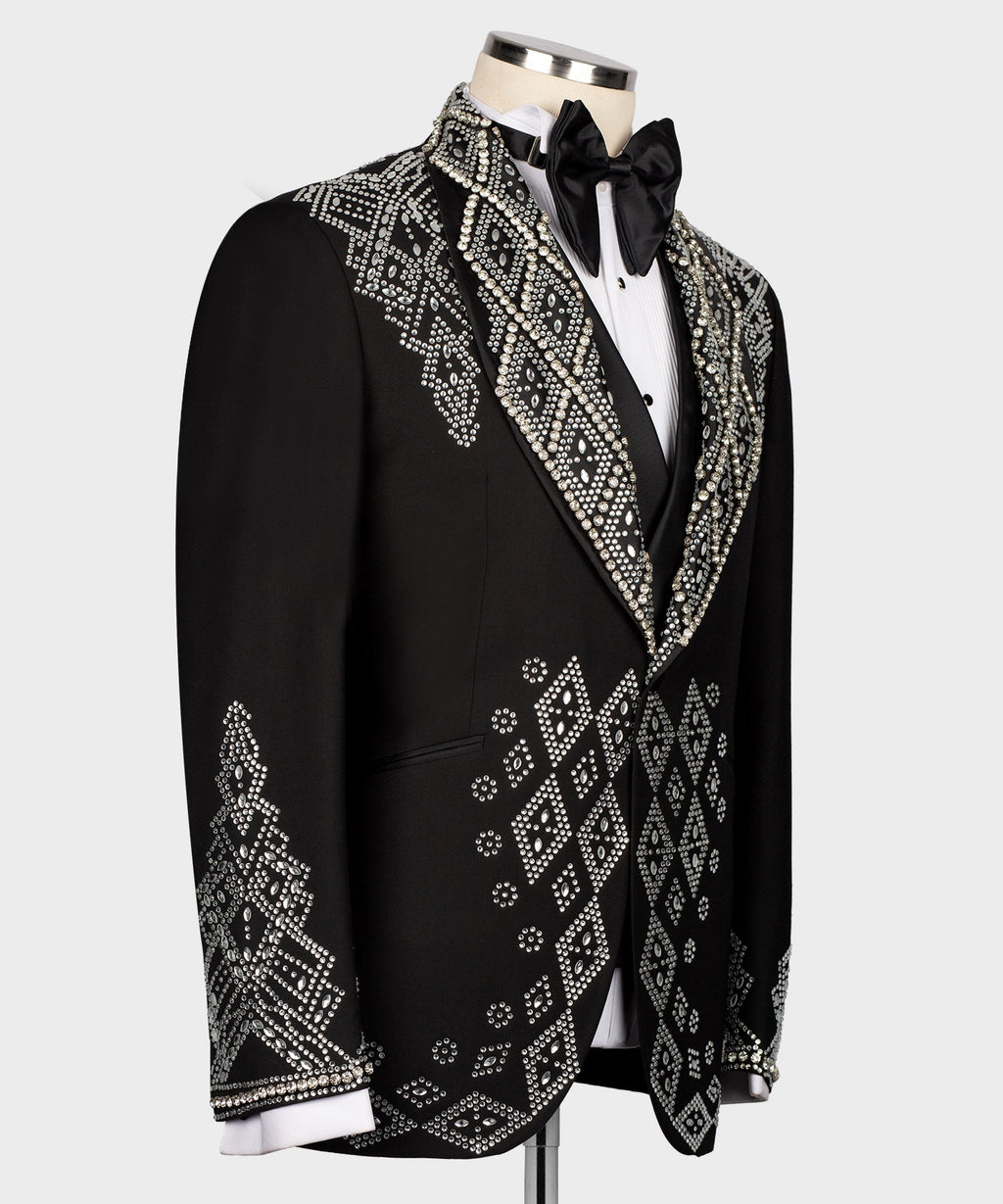 Black tuxedo jacket side view with rhinestone diamond embroidery along the lapel