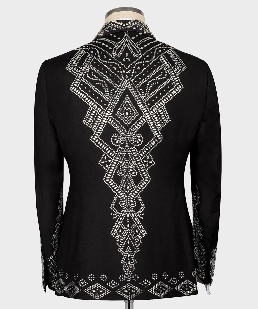 Black tuxedo jacket back view with rhinestone diamond cross pattern
