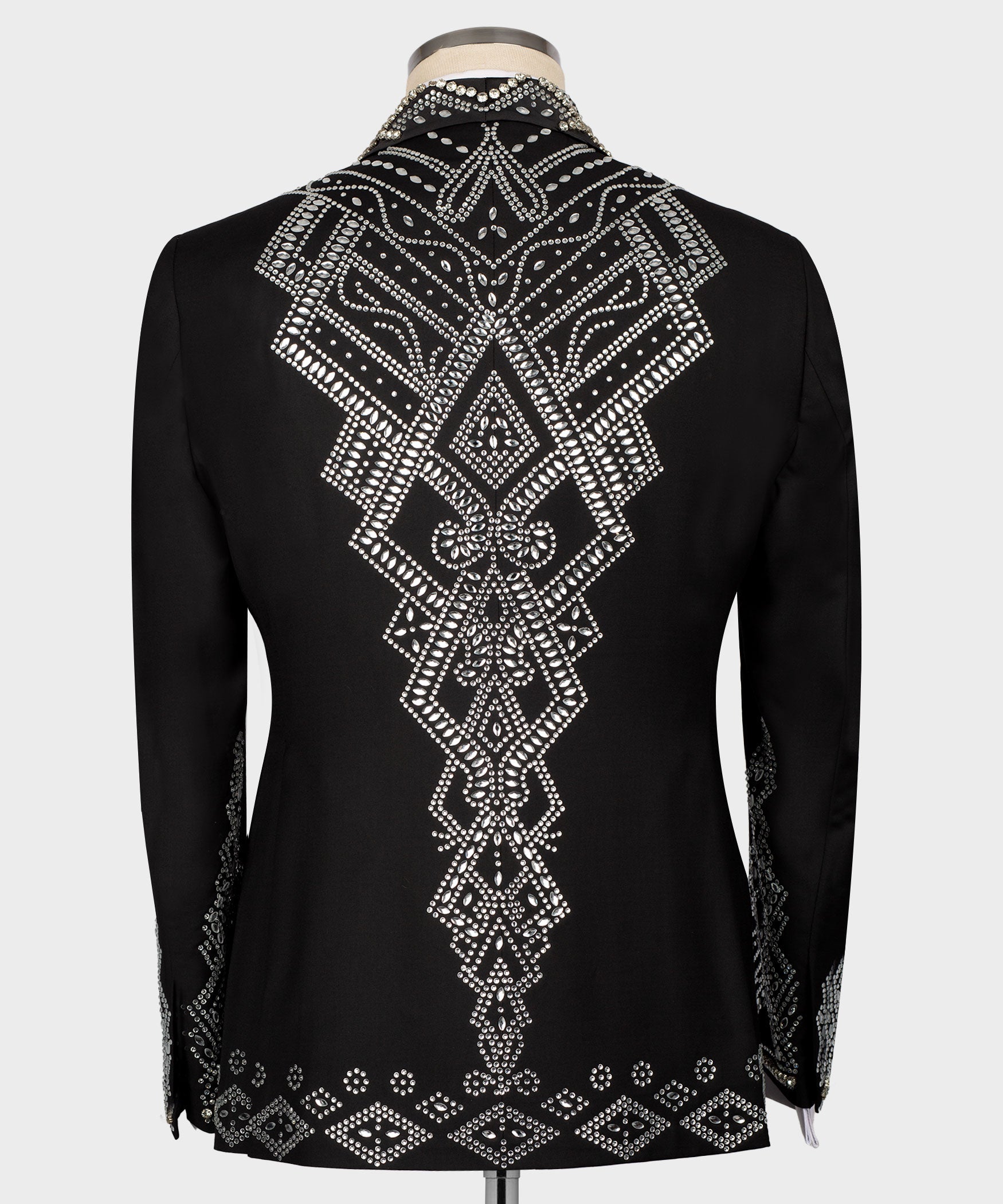Black tuxedo jacket back view with rhinestone diamond cross pattern