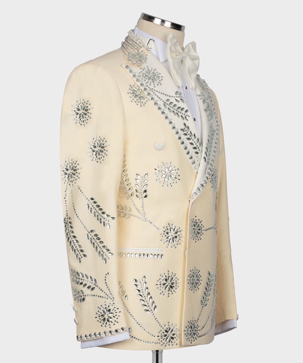 Cream tuxedo jacket back-left view with gemstone beadwork motifs and satin shawl collar