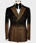 Black tuxedo jacket with gold gemstone-embellished shawl lapel and buttoned front