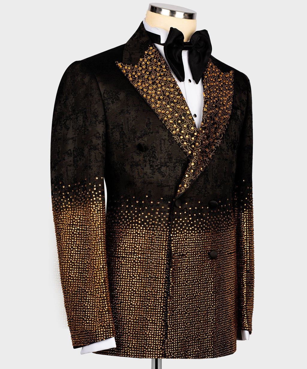 Black tuxedo jacket with gold crystal trim at shoulders, cuffs, and front hem